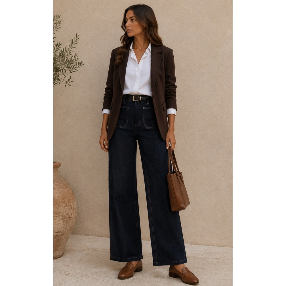 Reformation Alyssa High Rise Wide Leg Long Jeans Dark Wash Black Patch Pocket 30